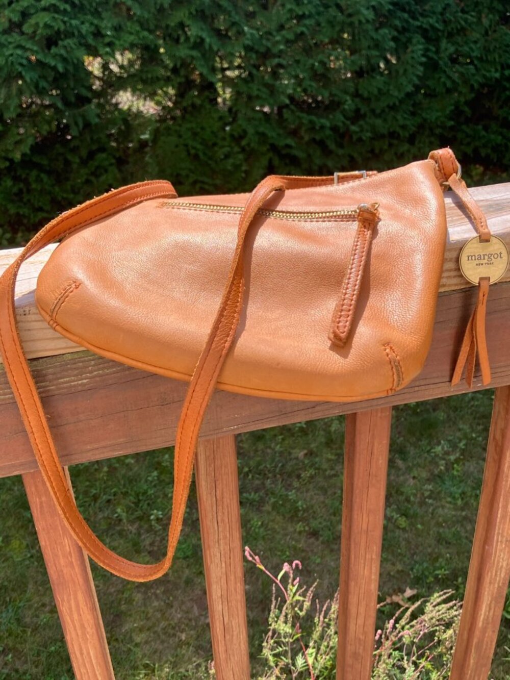 Vintage Margot New York Soft 100% Genuine Leather Crossbody Bag in Med Brown